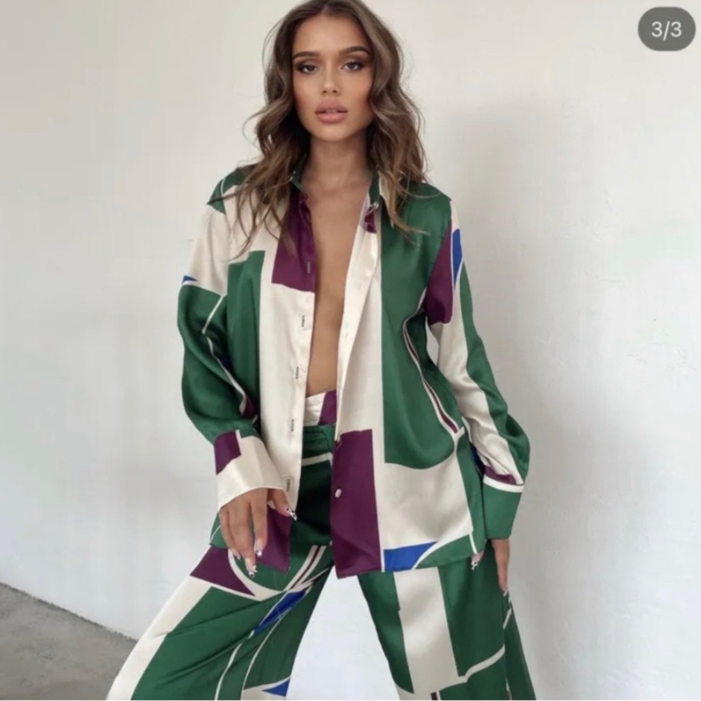 Zara Geometric Print 100% silk top & bottom